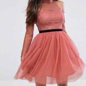 ASOS Dusty Rose Lace And Tulle Fit & Flare Dress With Velvet Bow Sash Size 4